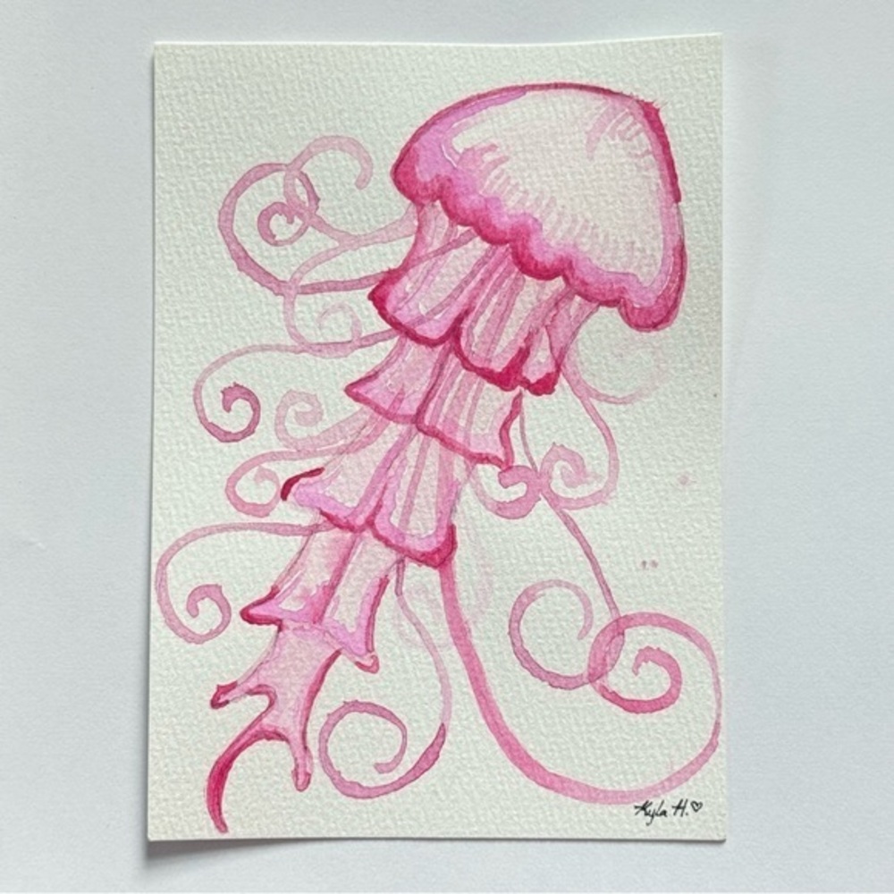 “Curly Tentacle Jelly” Original Watercolor Painting — Pink Jellyfish Ocean Art